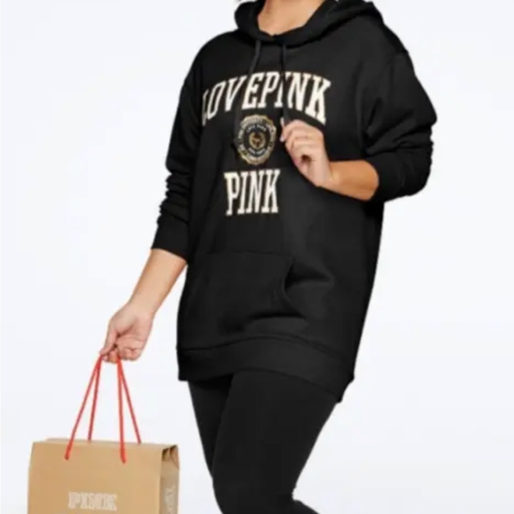 Victorias Secret PINK University Logo Pullover Sweatshirt Hoodie Large Black